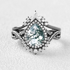 Lightweight Touch Black Gold Pear Shaped Moss Agate Antique Halo Infinity Ring Sets 2pcs