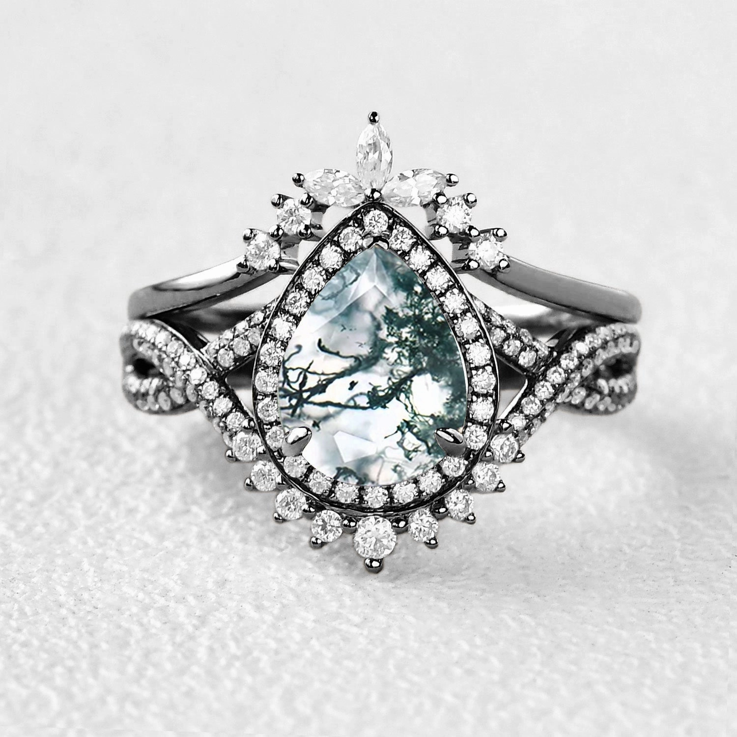 Black Gold Pear Shaped Moss Agate Antique Halo Infinity Ring Sets 2pcs Creative Item