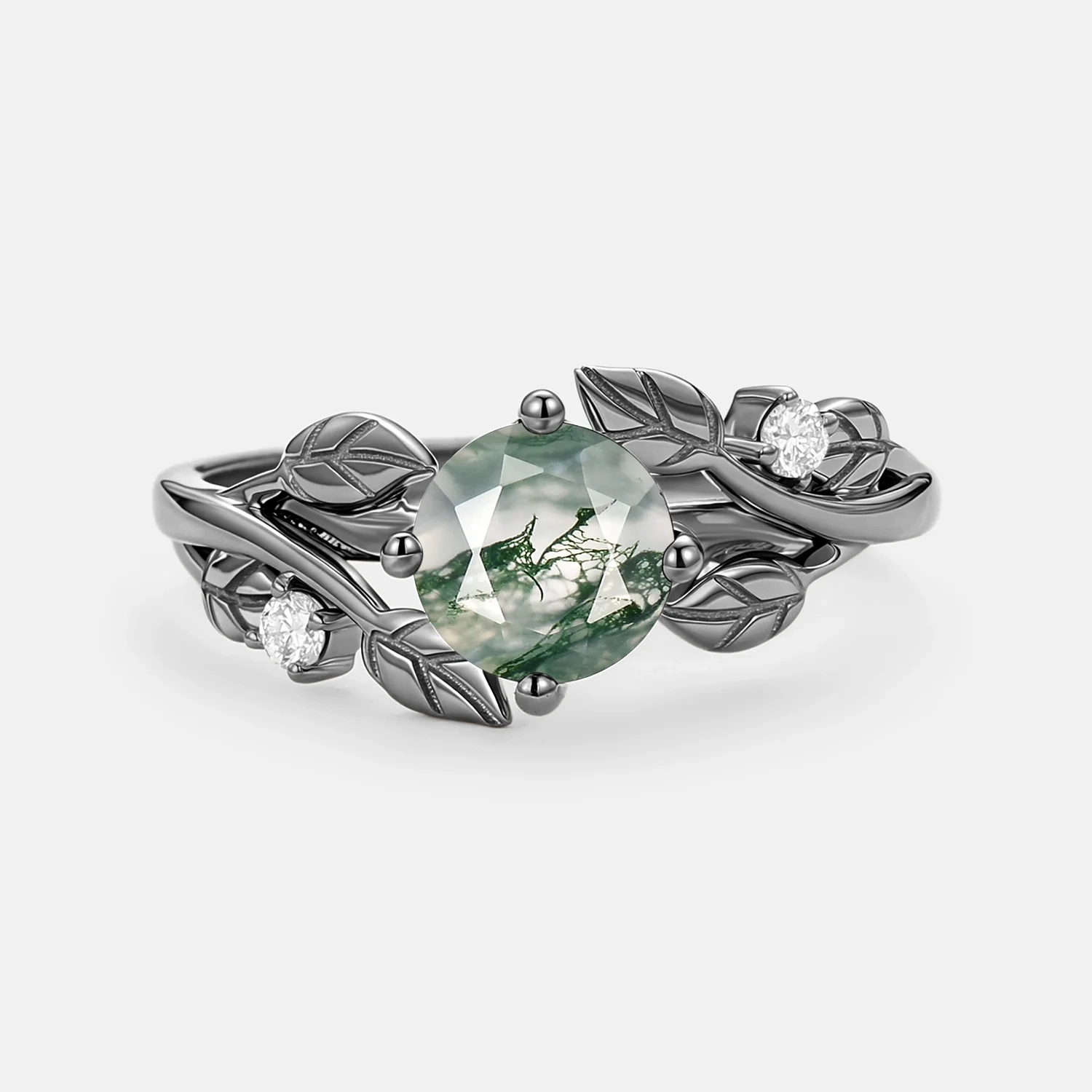 Durable Symbol Strong Object Black Gold Round Shaped Leaf Moss Agate Engagement Ring - Gardenia