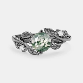 Durable Symbol Strong Object Black Gold Round Shaped Leaf Moss Agate Engagement Ring - Gardenia