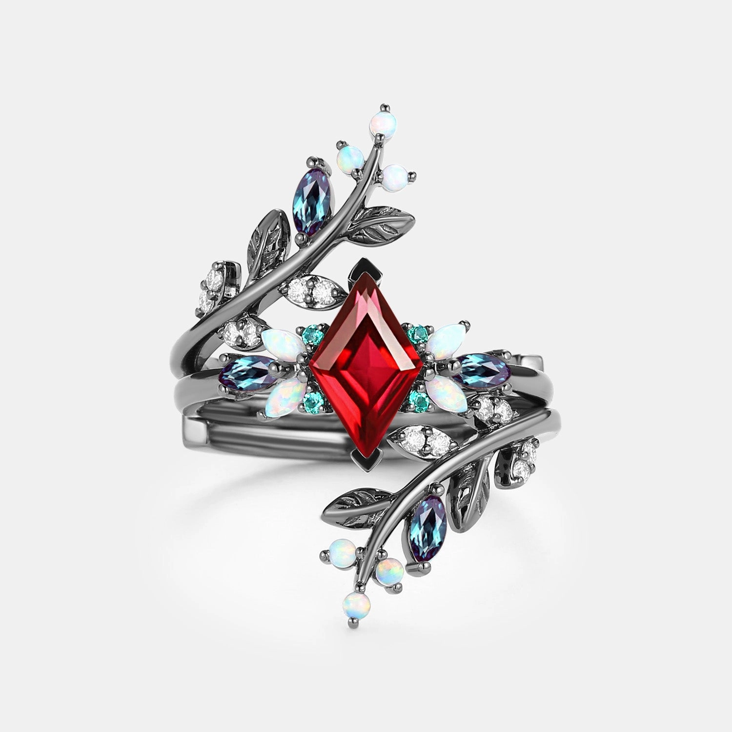 Traditional Mark Black Gold Ruby & Opal & Emerald Cage Leafy Engagement Ring 2pcs - Knight
