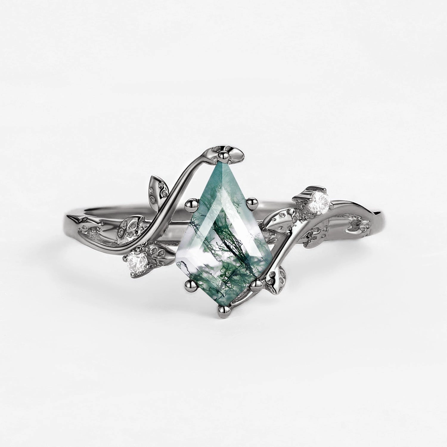 Black Gold Unique Moss Agate Leafy Engagement Ring - Willow Opalescent Glow Trendy Style