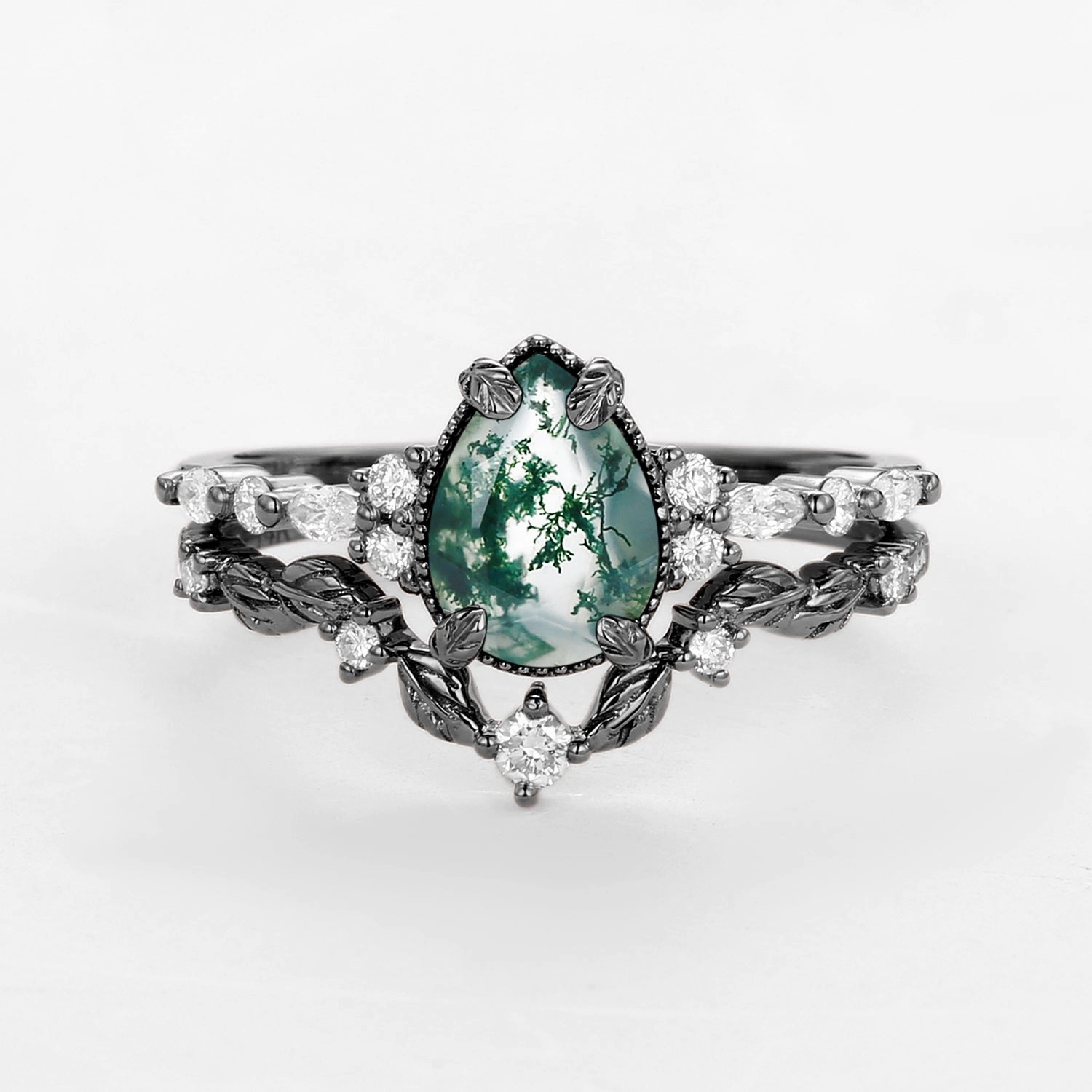 Black Gold Vintage Pear Shaped Moss Agate Leafy Ring Set 2pcs Hypoallergenic Decoration Unique Emblem