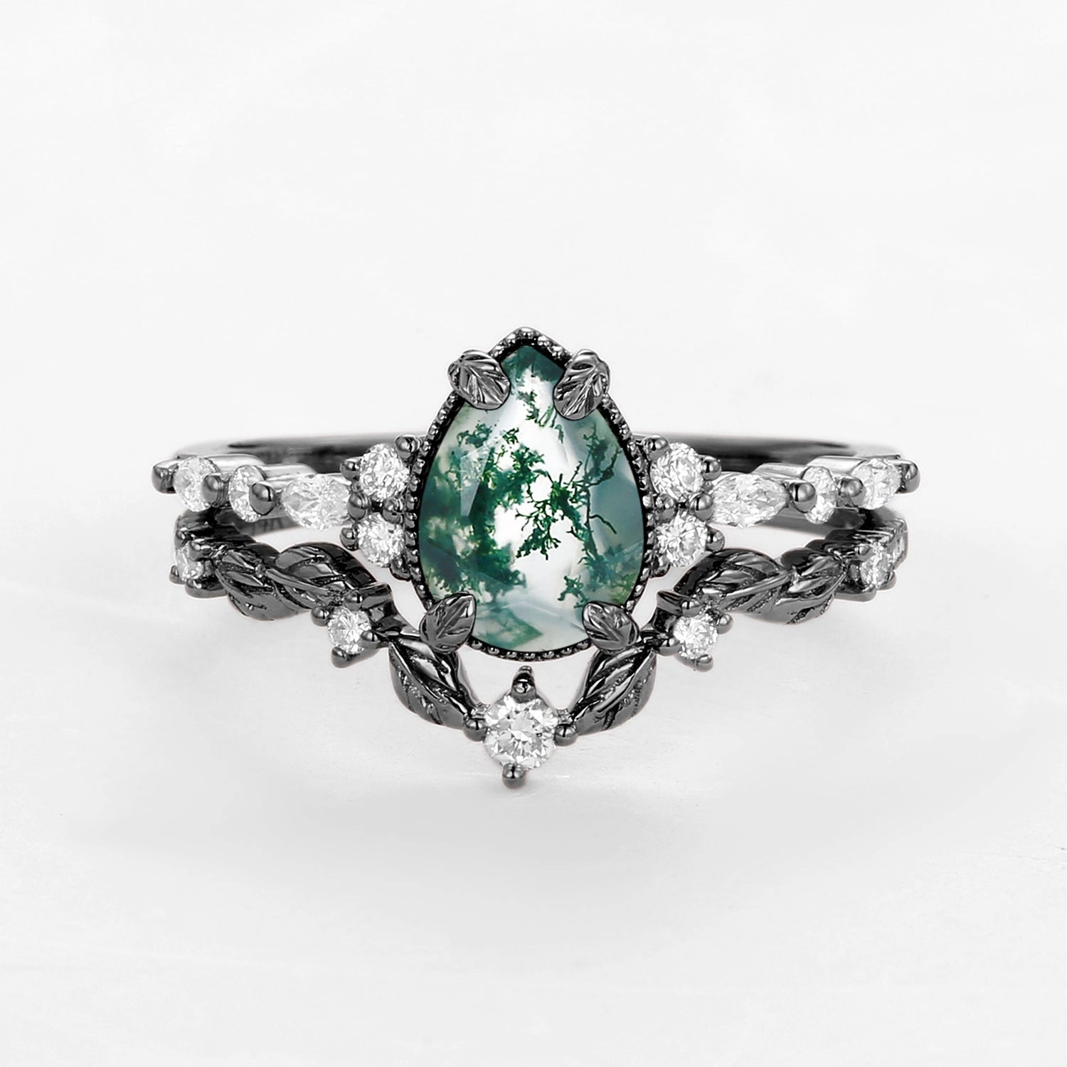 Abstract Design Simple Token Black Gold Vintage Pear Shaped Moss Agate Leafy Ring Set 2pcs