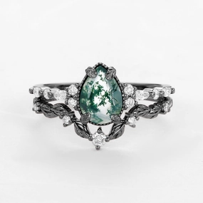 Abstract Design Simple Token Black Gold Vintage Pear Shaped Moss Agate Leafy Ring Set 2pcs