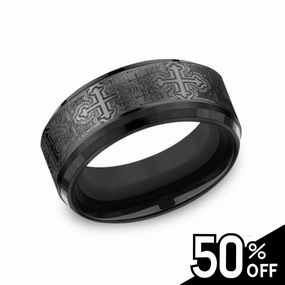 Black Titanium Comfort-Fit Cathedral Cross Design Wedding Band Textured Detail