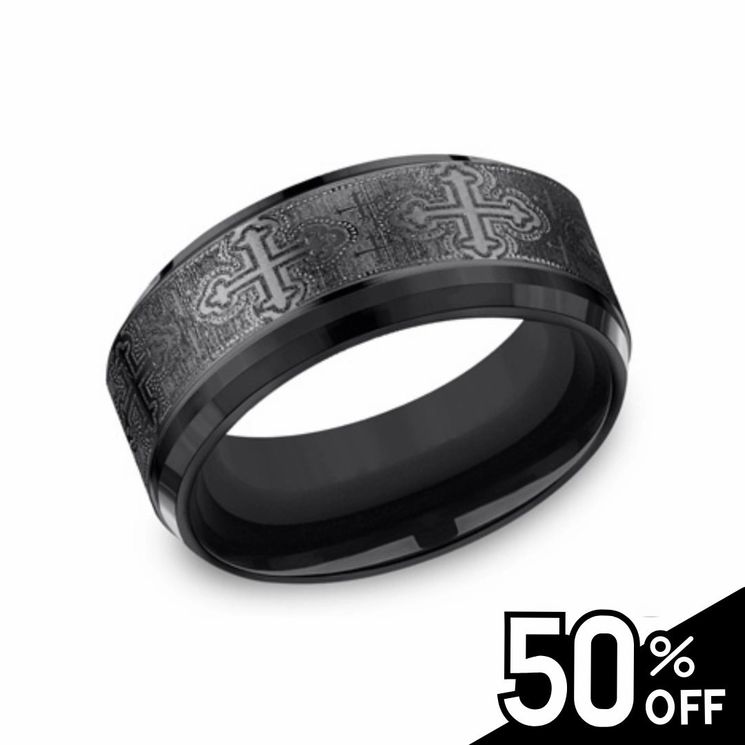 Black Titanium Comfort-Fit Cathedral Cross Design Wedding Band Textured Detail