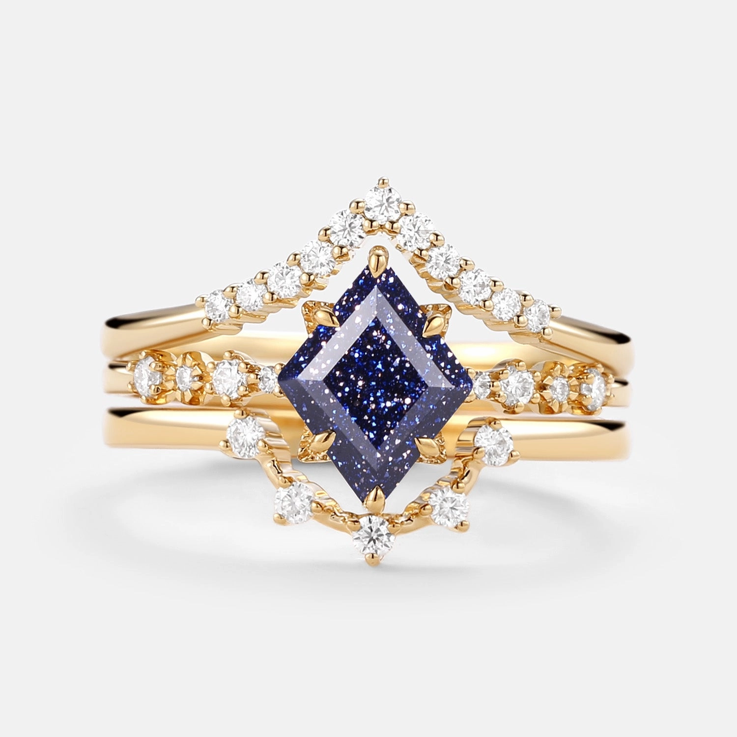 Blue Sandstone & Moissanite Ring Set 3pcs - Violet Shiny Jewelry