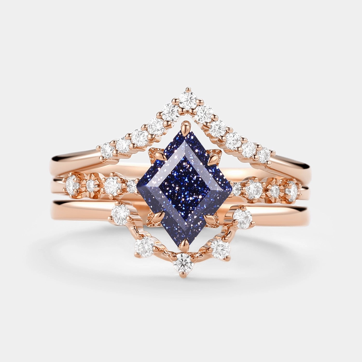 Blue Sandstone & Moissanite Ring Set 3pcs - Violet Classic Trend Trendy Touch