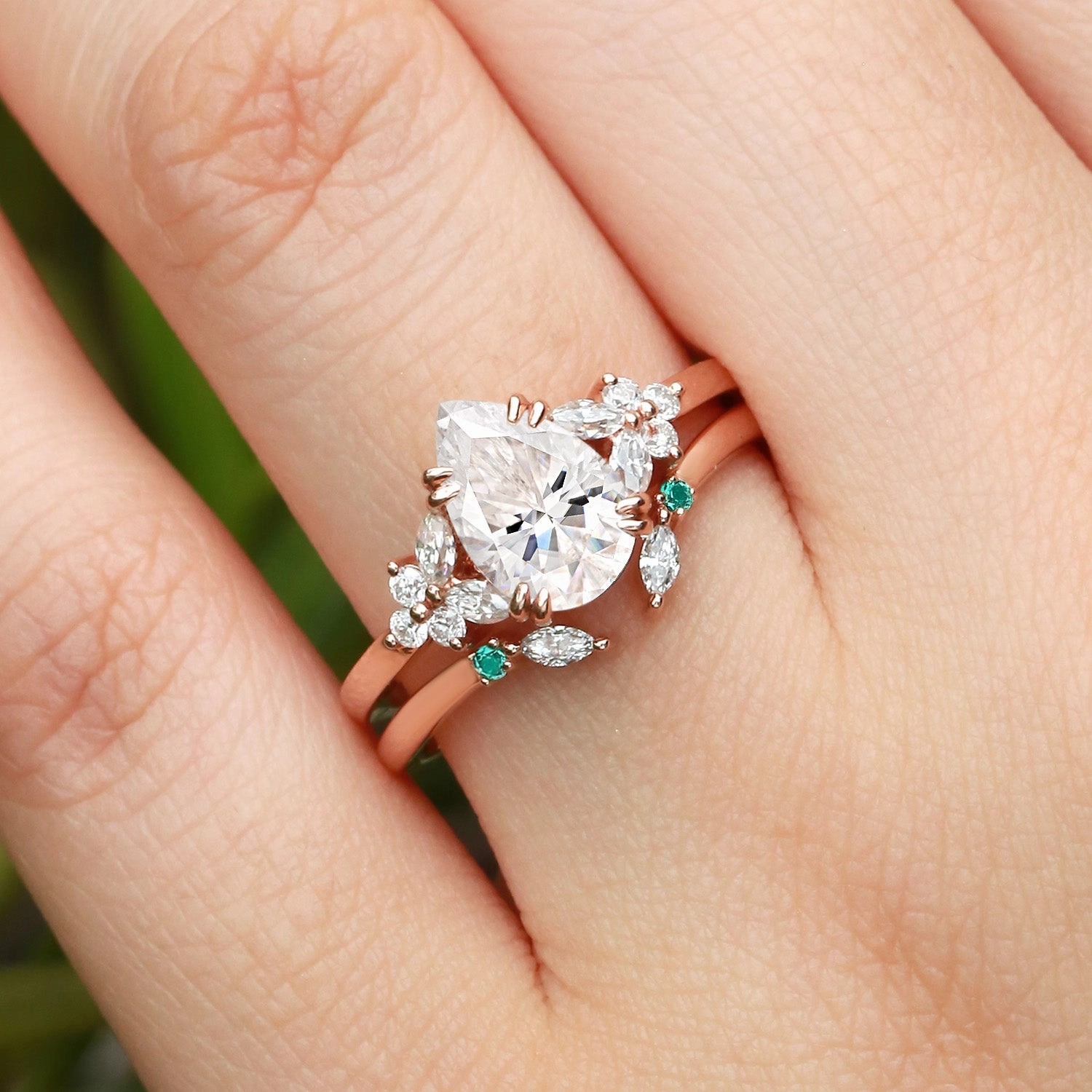 Cluster Pear Shaped Moissanite Chevron Gold Ring Set 2pcs - Anya Dreamy Look Handcrafted Shine