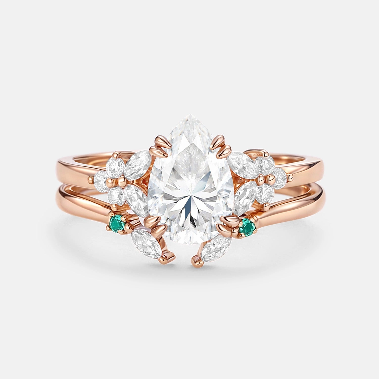 Cluster Pear Shaped Moissanite Chevron Gold Ring Set 2pcs - Anya Impressive Craft