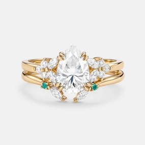 Luxurious Touch Subtle Shine Cluster Pear Shaped Moissanite Chevron Gold Ring Set 2pcs - Anya