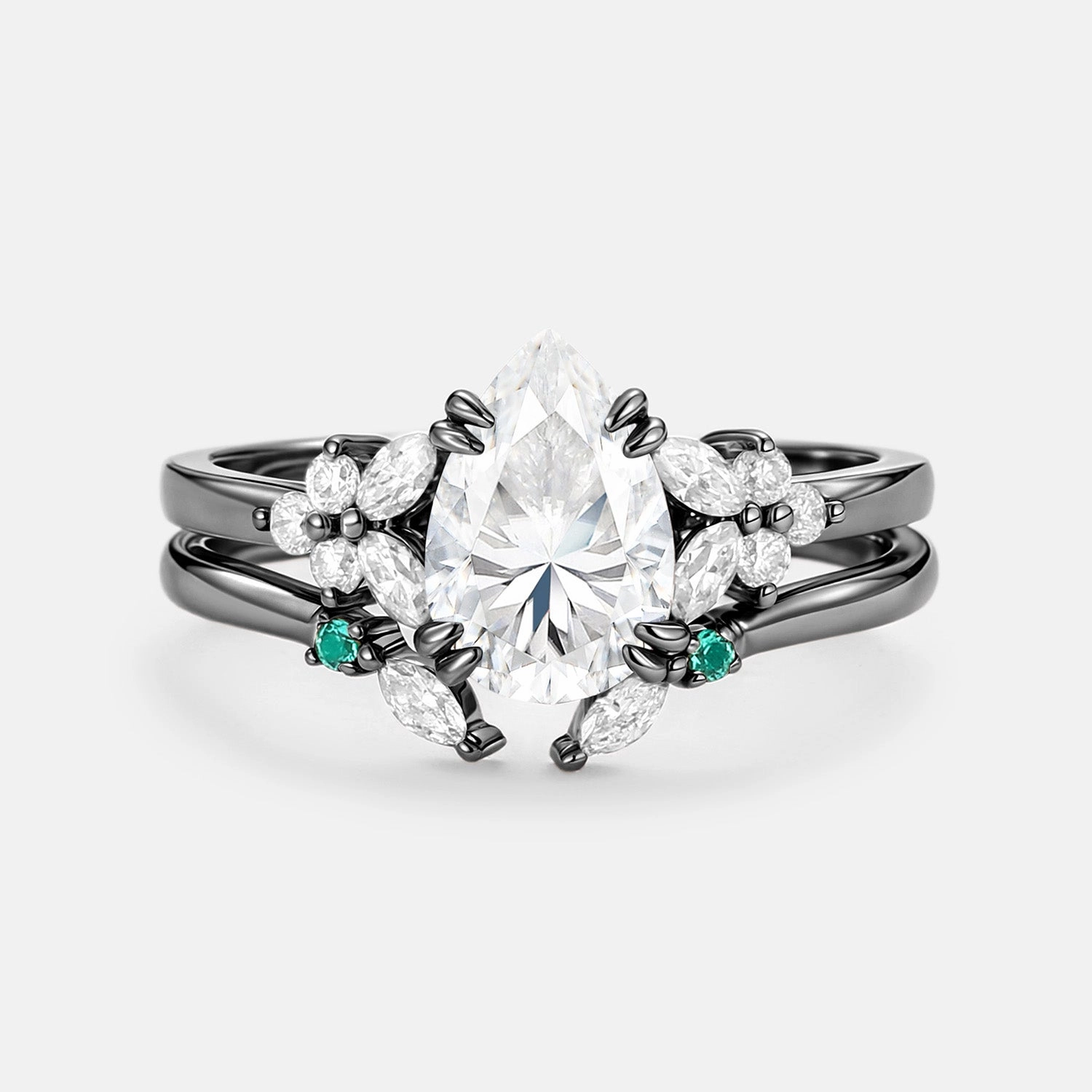 Luxury Collection Cluster Pear Shaped Moissanite Chevron Gold Ring Set 2pcs - Anya