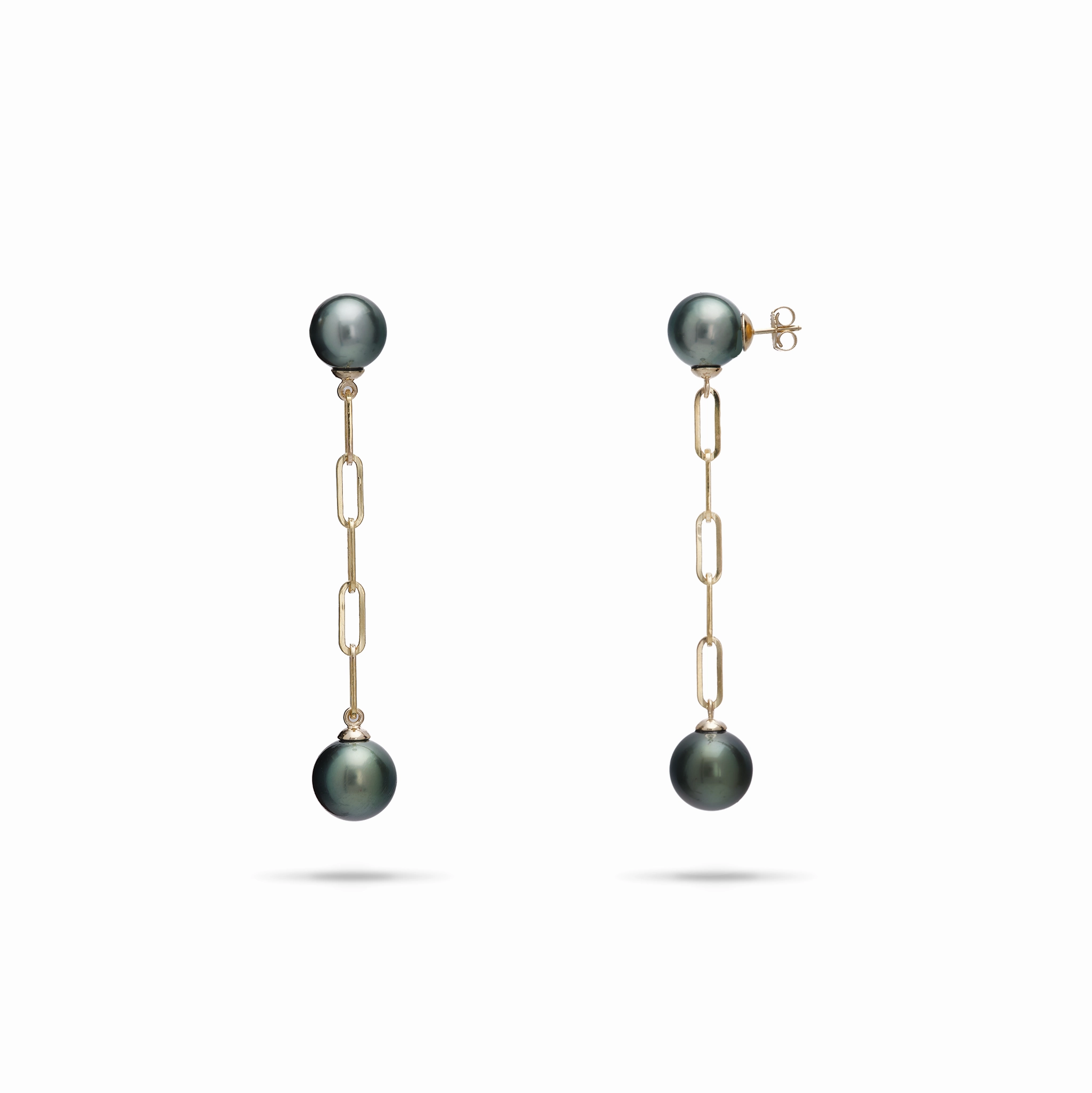 Tahitian Black Pearl Paperclip Chain Earrings in Gold - 9-10mm Minimal Design Radiant Statement