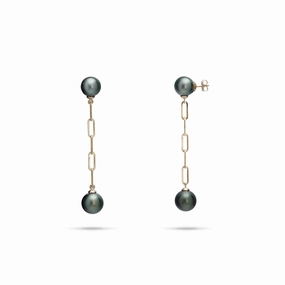 Tahitian Black Pearl Paperclip Chain Earrings in Gold - 9-10mm Minimal Design Radiant Statement