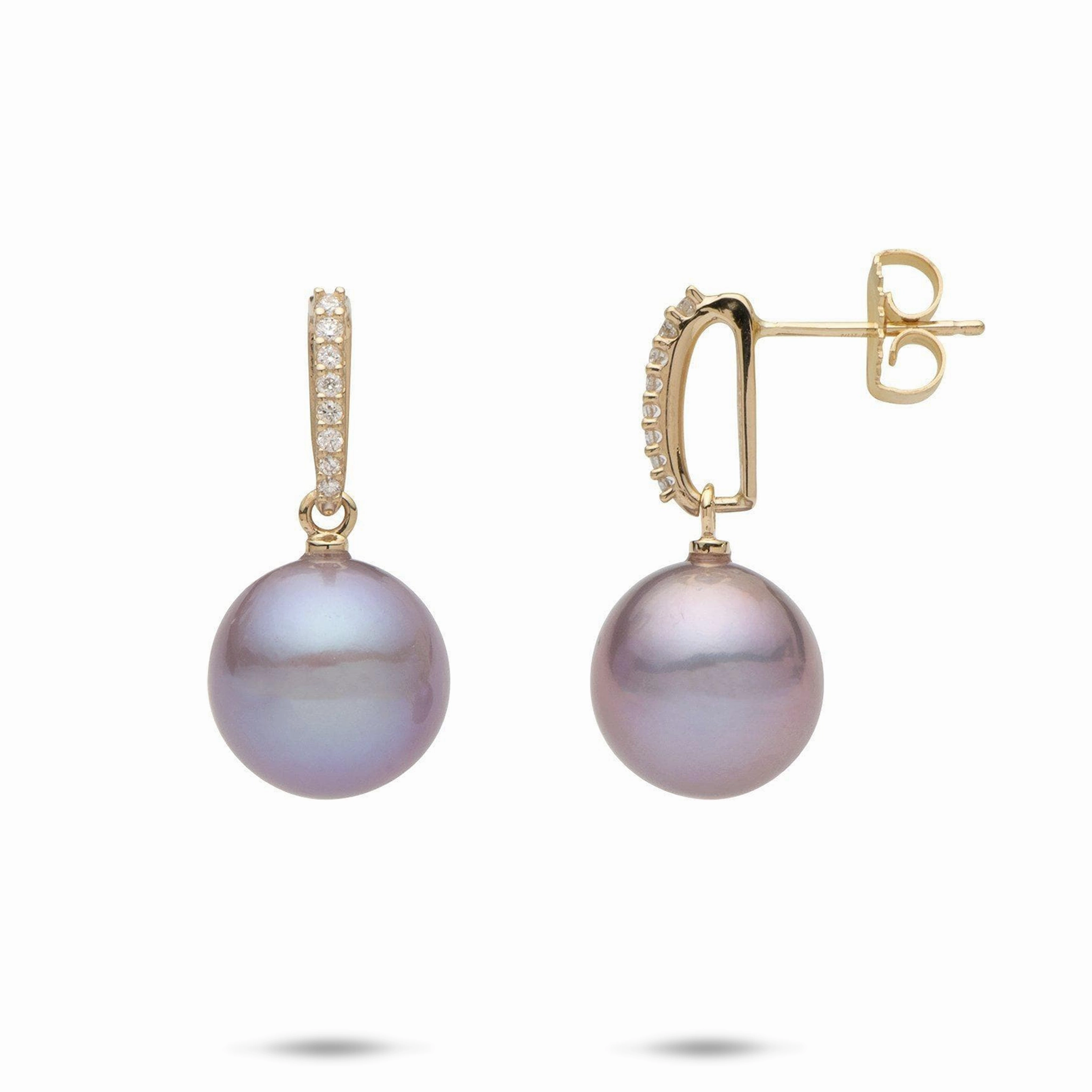 Statement Highlight Luxury Line Lilac Freshwater Pearl Earrings in Gold with Diamonds - 11-12mm