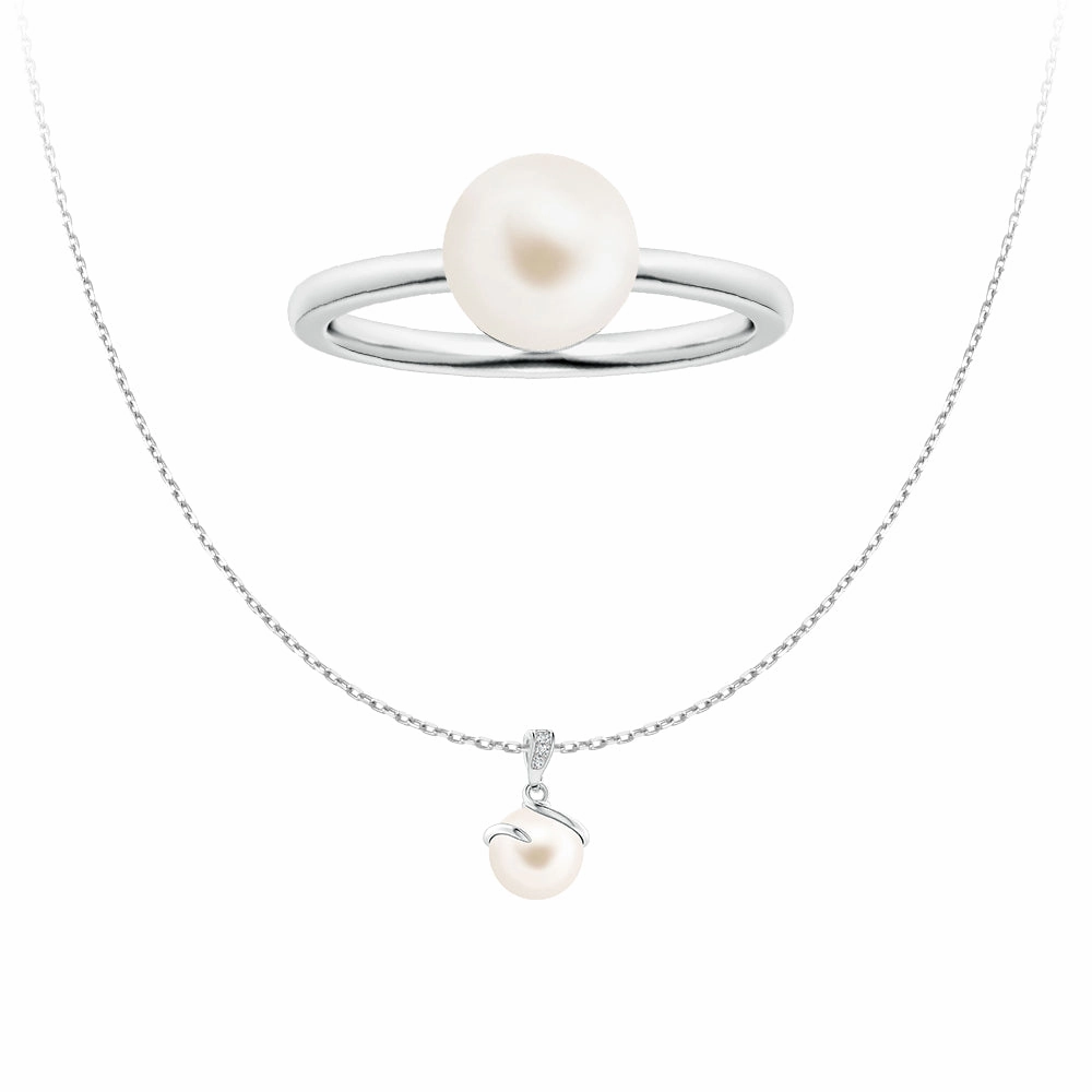 Wedding Gift Golden Tone 8mm Freshwater Cultured Pearl Pendant & Ring Set