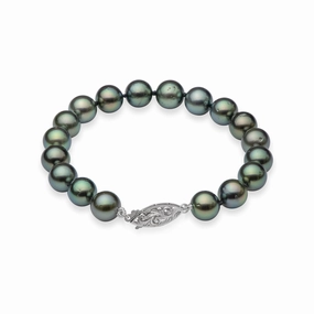 8" Tahitian Black Pearl Bracelet in White Gold - 9-10mm Night Detail