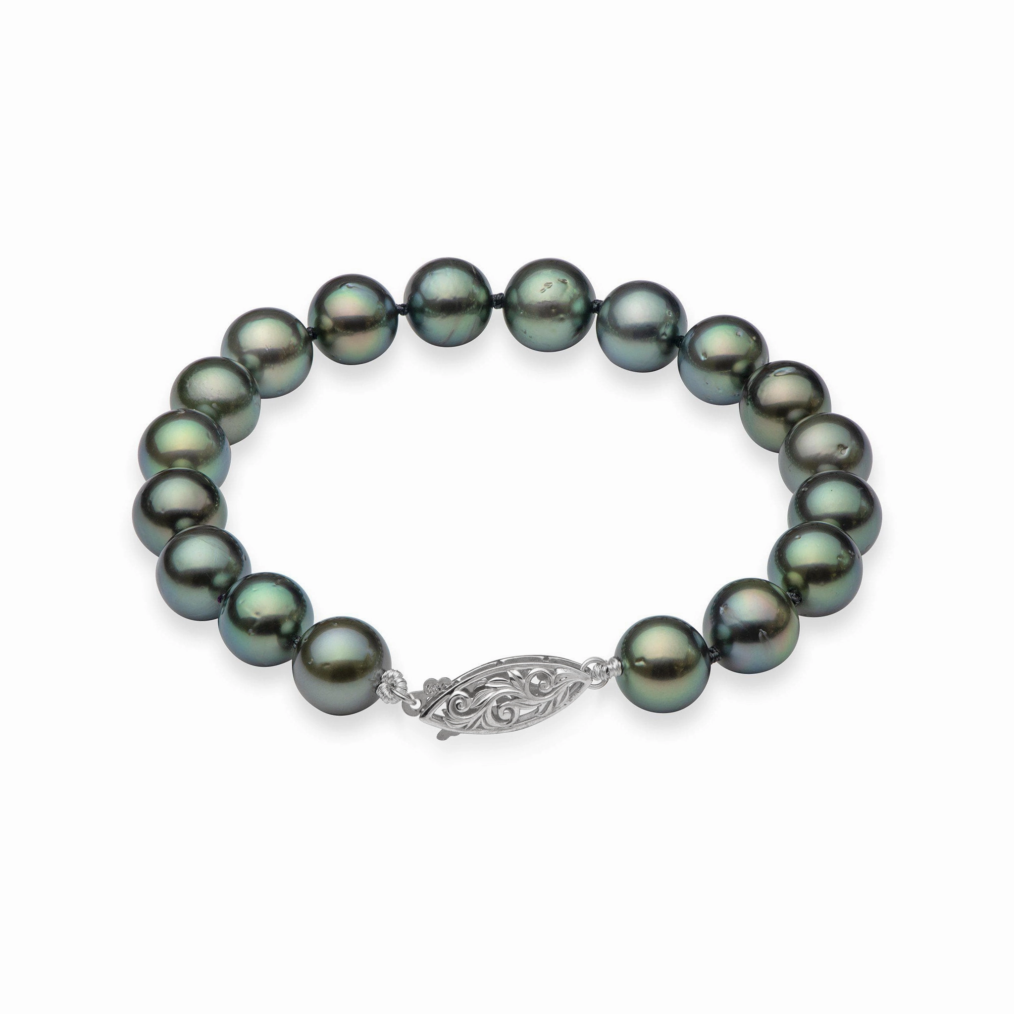 8" Tahitian Black Pearl Bracelet in White Gold - 9-10mm Night Detail