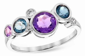 Easy on Comfortable Wear 14K White Gold Blue Topaz, Amethyst And Diamond Bubble Ring