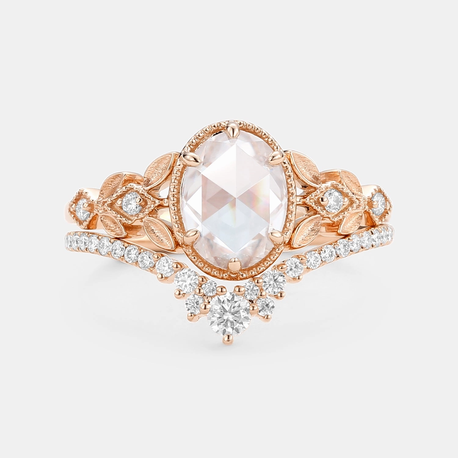 Flat Detail Sparkle Style Rose Cut Oval Moissanite Leafy Vintage Gold Ring Set 2pcs - Selene