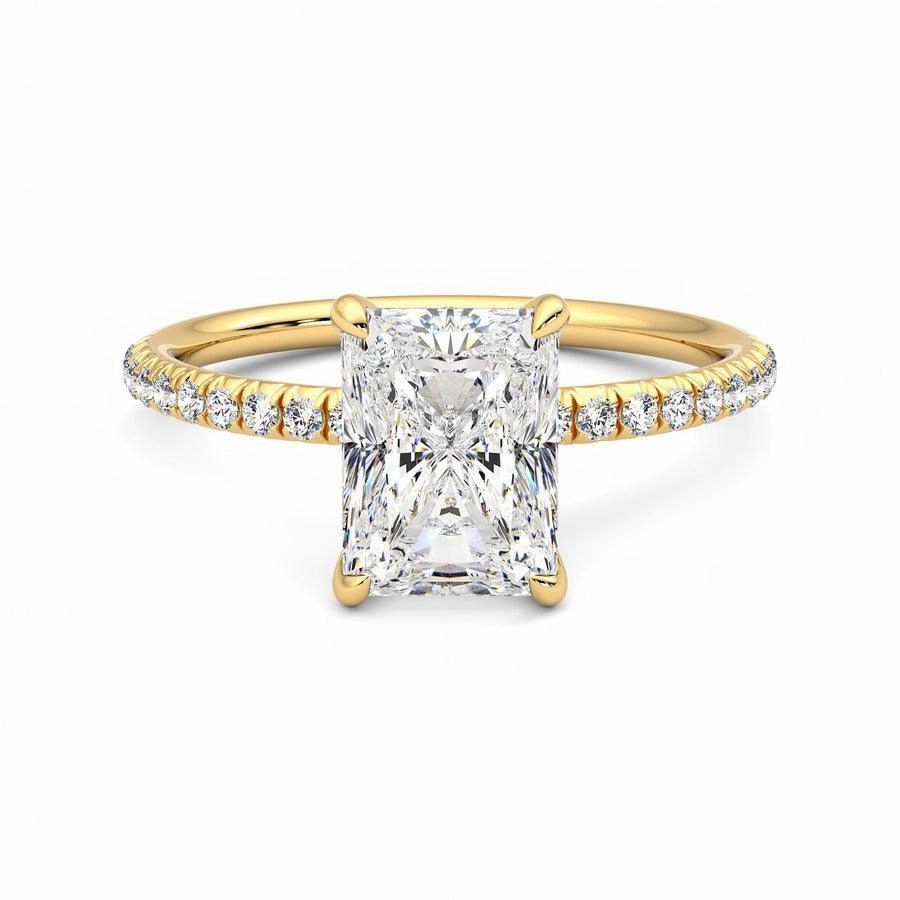 Soft Tone Four Prong Radiant Cut Moissanite Engagement Ring with Hidden Anniversary Stone Accent