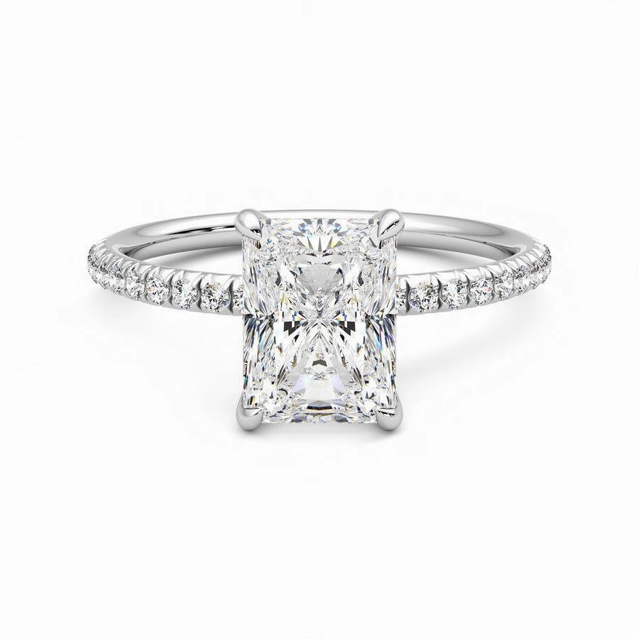 Glow Accent Four Prong Radiant Cut Moissanite Engagement Ring with Hidden Anniversary Stone Accent