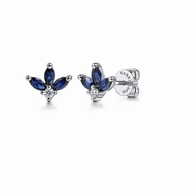14K White Gold .69cttw Sapphire & .05cttw Diamond Leaf Shape Stud Earrings. Shiny Jewels Festive Style