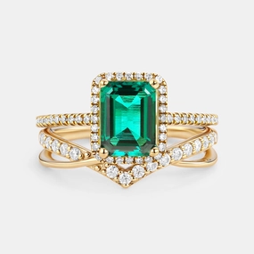 Emerald Cut Emerald & Moissanite Yellow Gold Ring Set Opulent Radiance Understated Feature