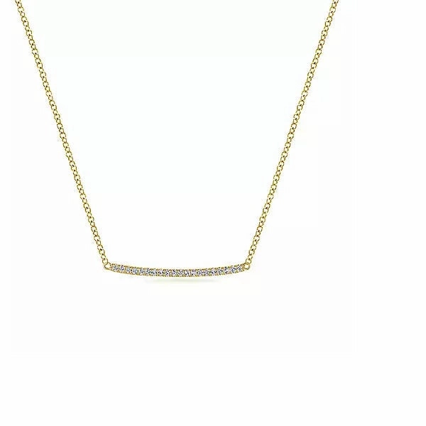 14K Yellow Gold Curved .10cttw Diamond Bar Necklace with Pave Set Diamonds Fashion Spark Everyday Gift