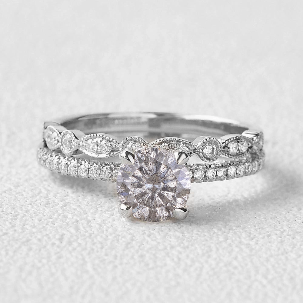 Brilliant Cut Classic 4 Prongs Salt and Pepper Diamonds Engagement Ring Set 2pcs Finest Style premium design