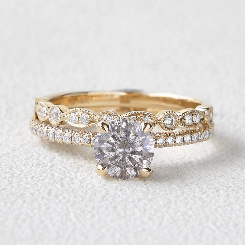 Layered Touch Casual Vibe Brilliant Cut Classic 4 Prongs Salt and Pepper Diamonds Engagement Ring Set 2pcs