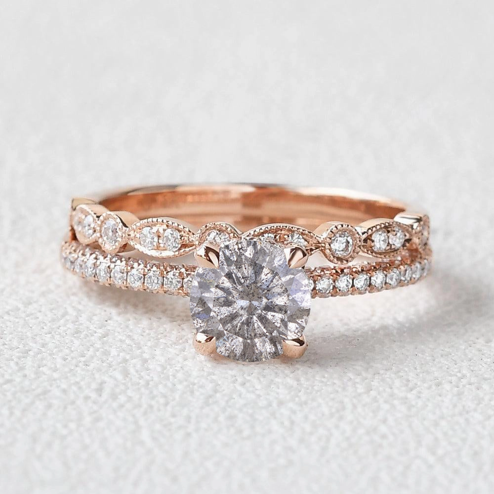 Brilliant Cut Classic 4 Prongs Salt and Pepper Diamonds Engagement Ring Set 2pcs All ages