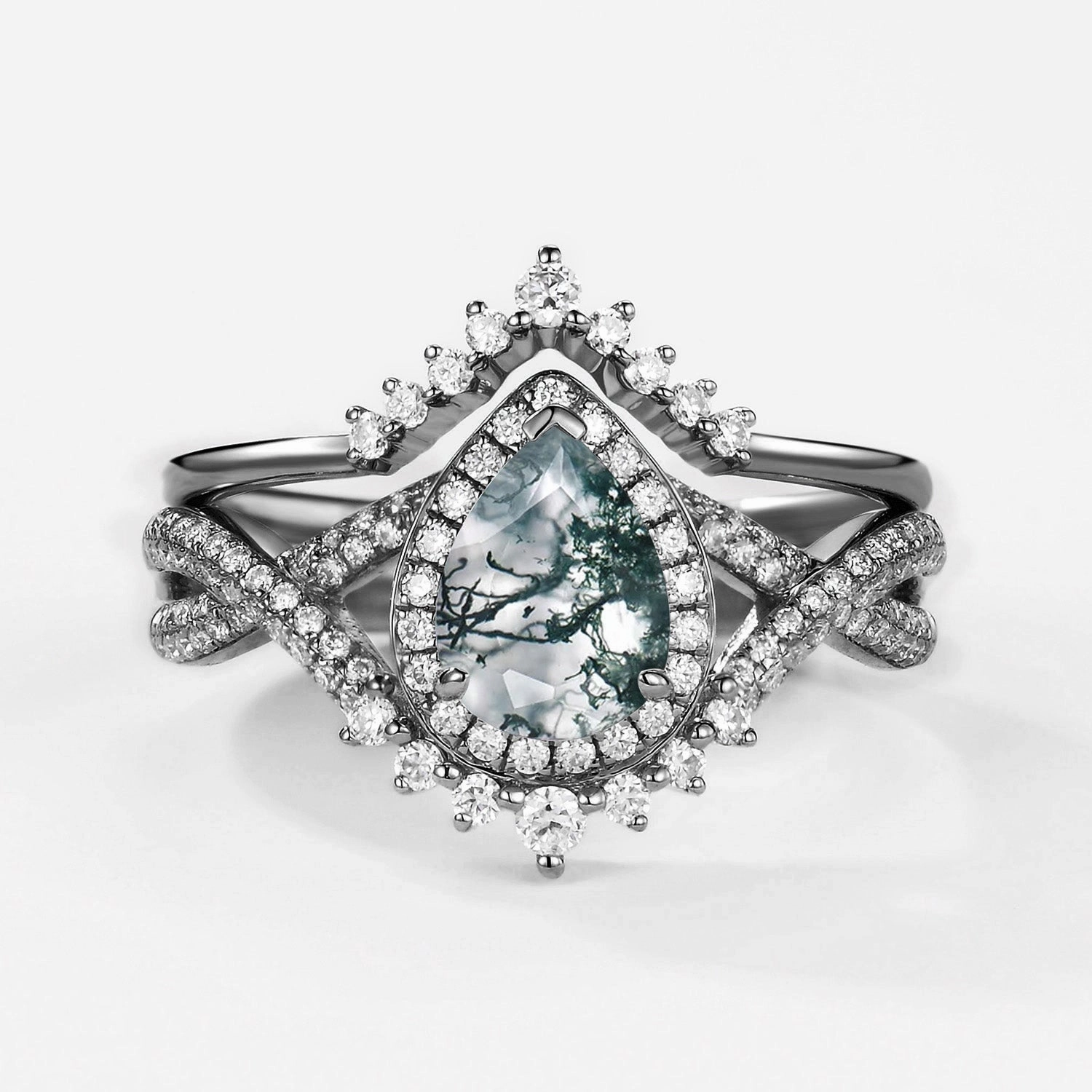 Opalescent Glow Black Gold Pear Moss Agate Halo Infinity Ring Set 2pcs - Valentina