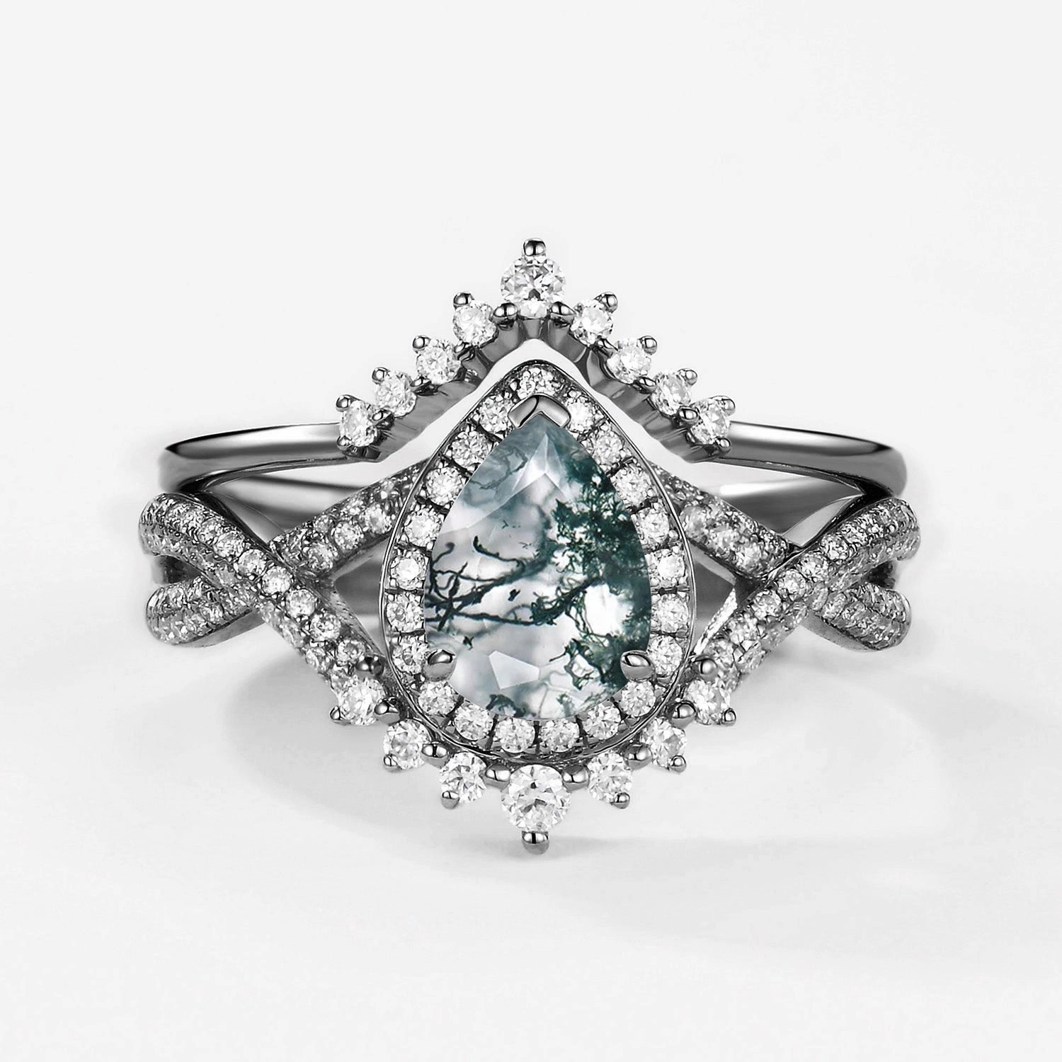 Ornate Symbol Boyfriend Gift Black Gold Pear Moss Agate Halo Infinity Ring Set 2pcs - Valentina