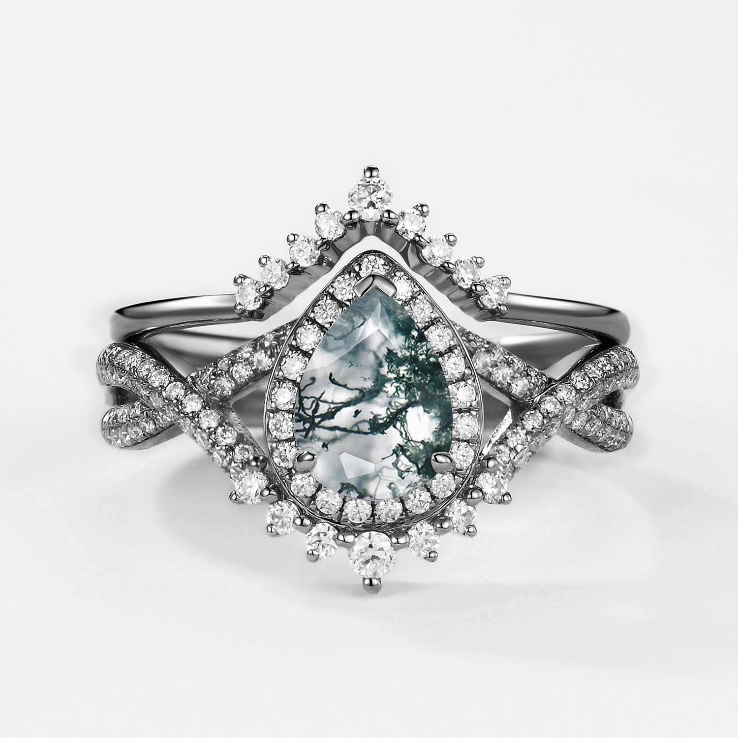 Black Gold Pear Moss Agate Halo Infinity Ring Set 2pcs - Valentina High-End Accessory