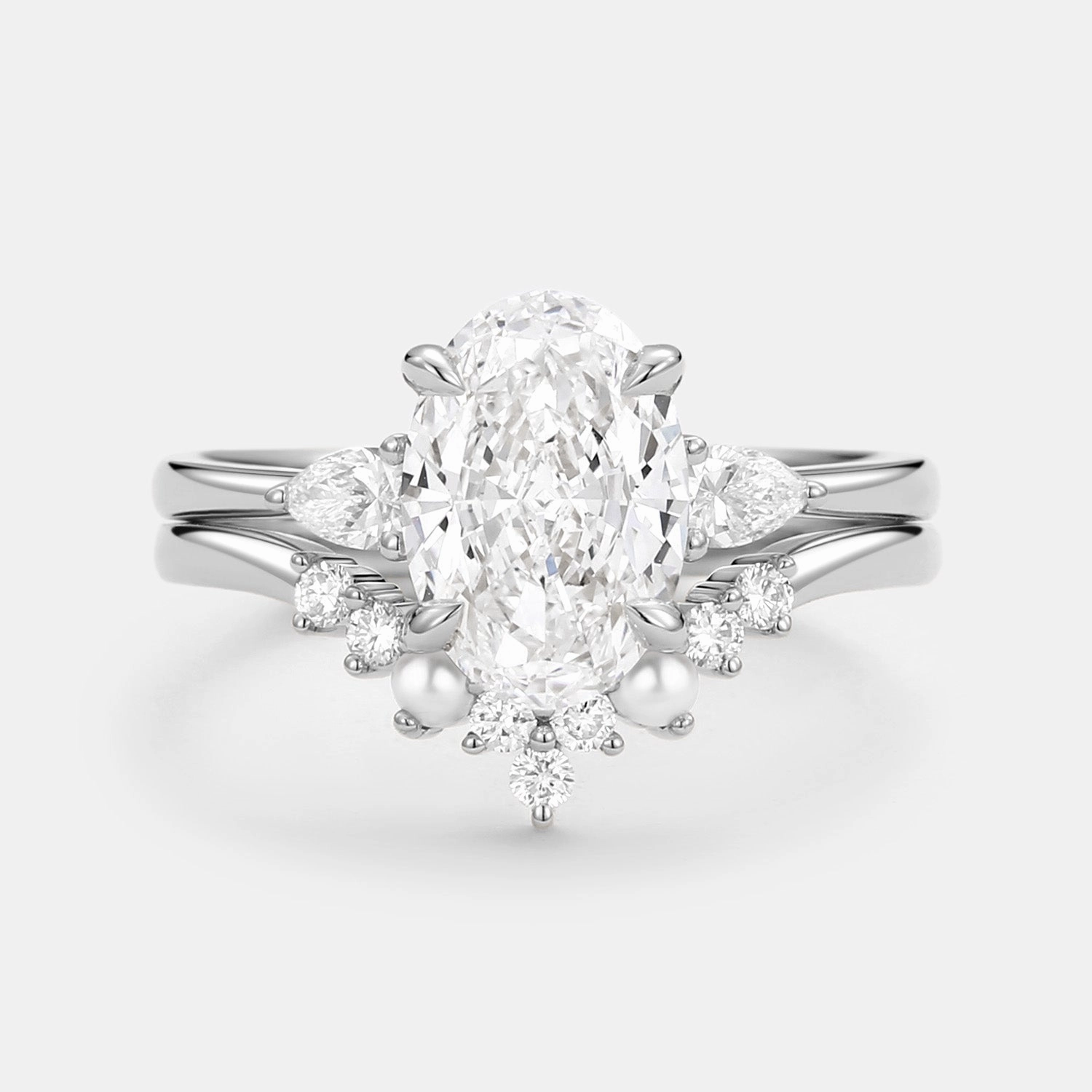 Unique Oval Cut Lab Grown Diamond & Pearl Engagement Ring Set 2pcs Trendy Addition