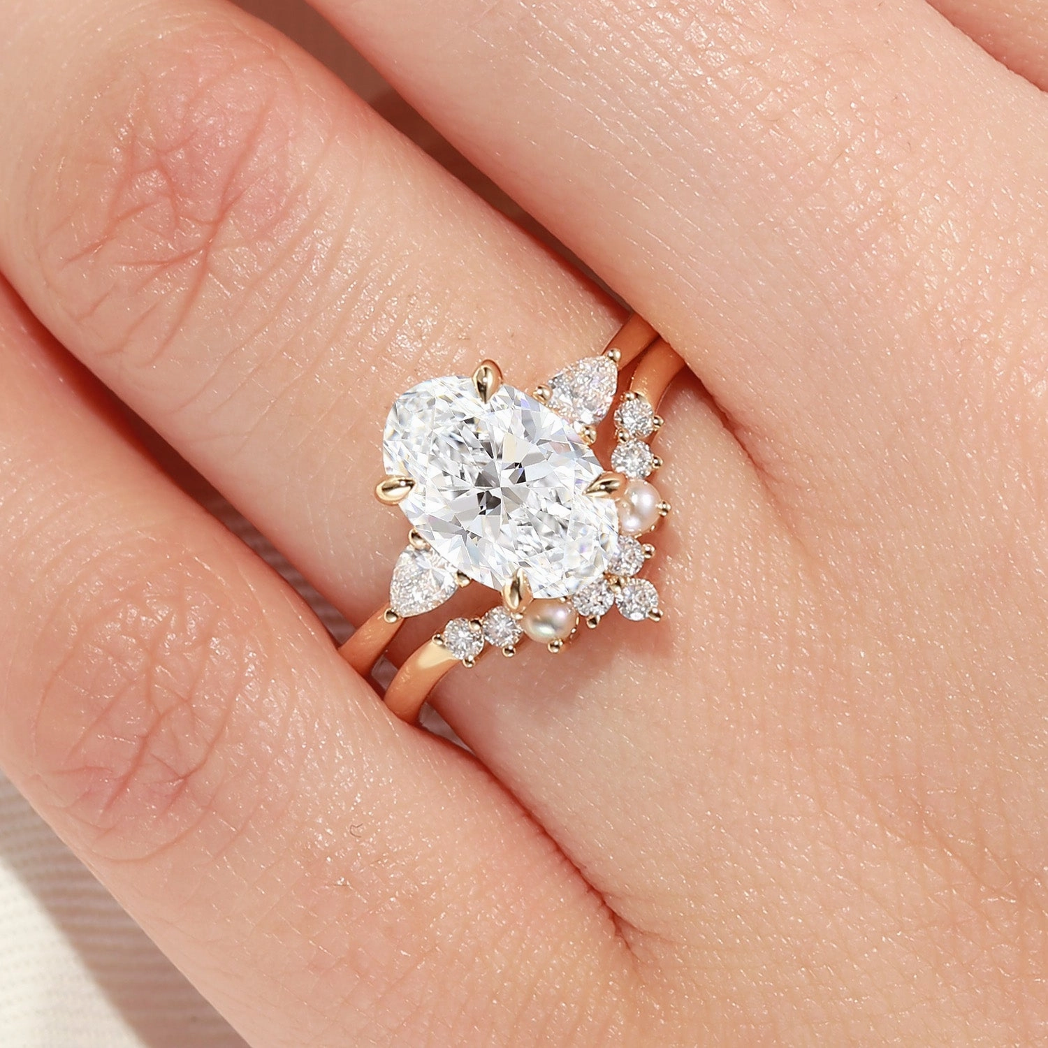 Red Tone Breezy Look Unique Oval Cut Lab Grown Diamond & Pearl Engagement Ring Set 2pcs