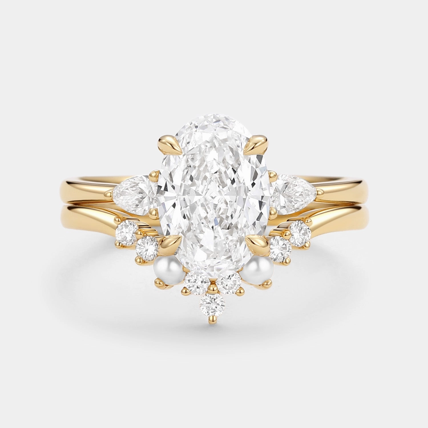 Exclusive Craft Classic Glimmer Unique Oval Cut Lab Grown Diamond & Pearl Engagement Ring Set 2pcs