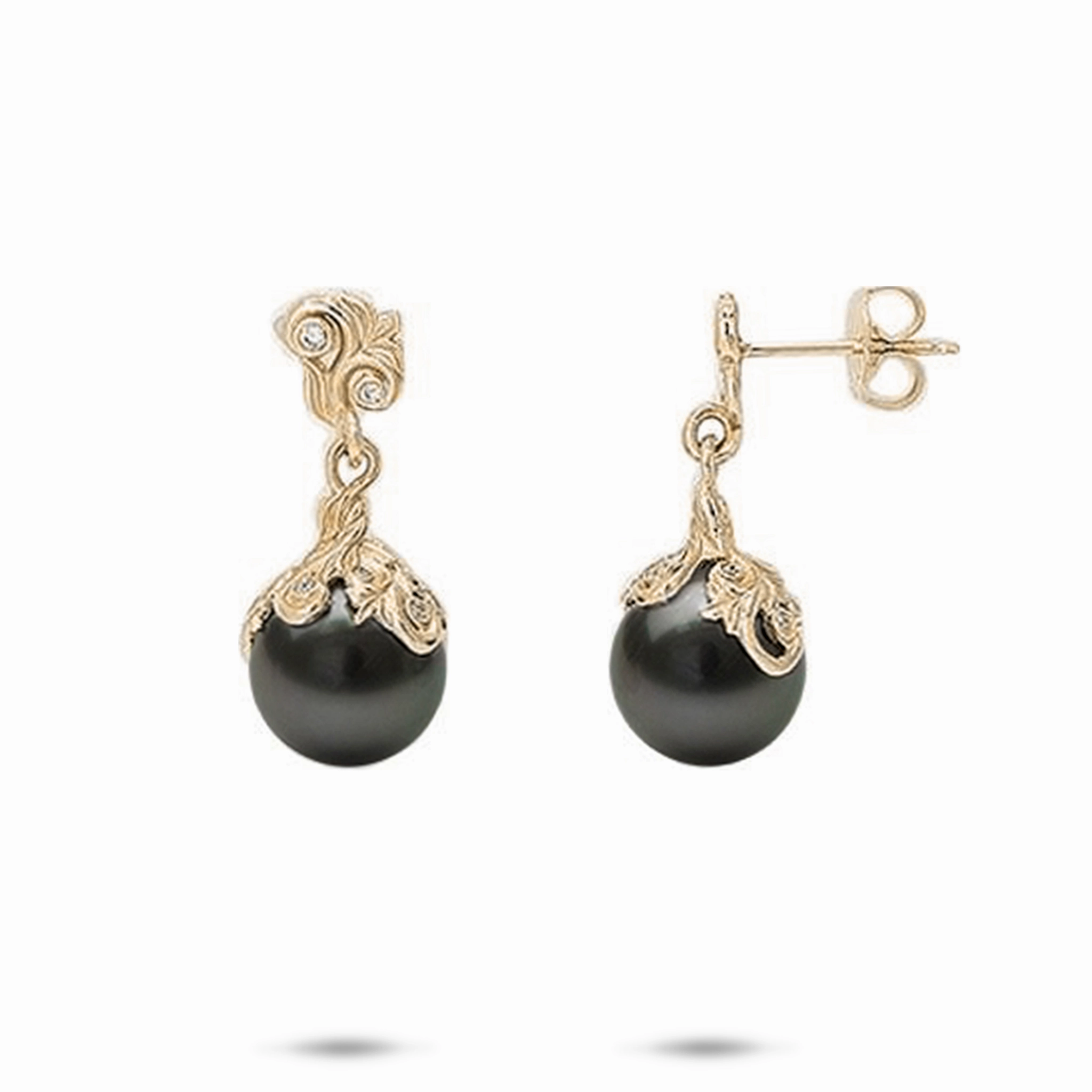 Radiant Charm Weekend Accent Living Heirloom Tahitian Black Pearl Earrings in Gold with Diamonds - 9-10mm