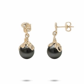 Radiant Charm Weekend Accent Living Heirloom Tahitian Black Pearl Earrings in Gold with Diamonds - 9-10mm