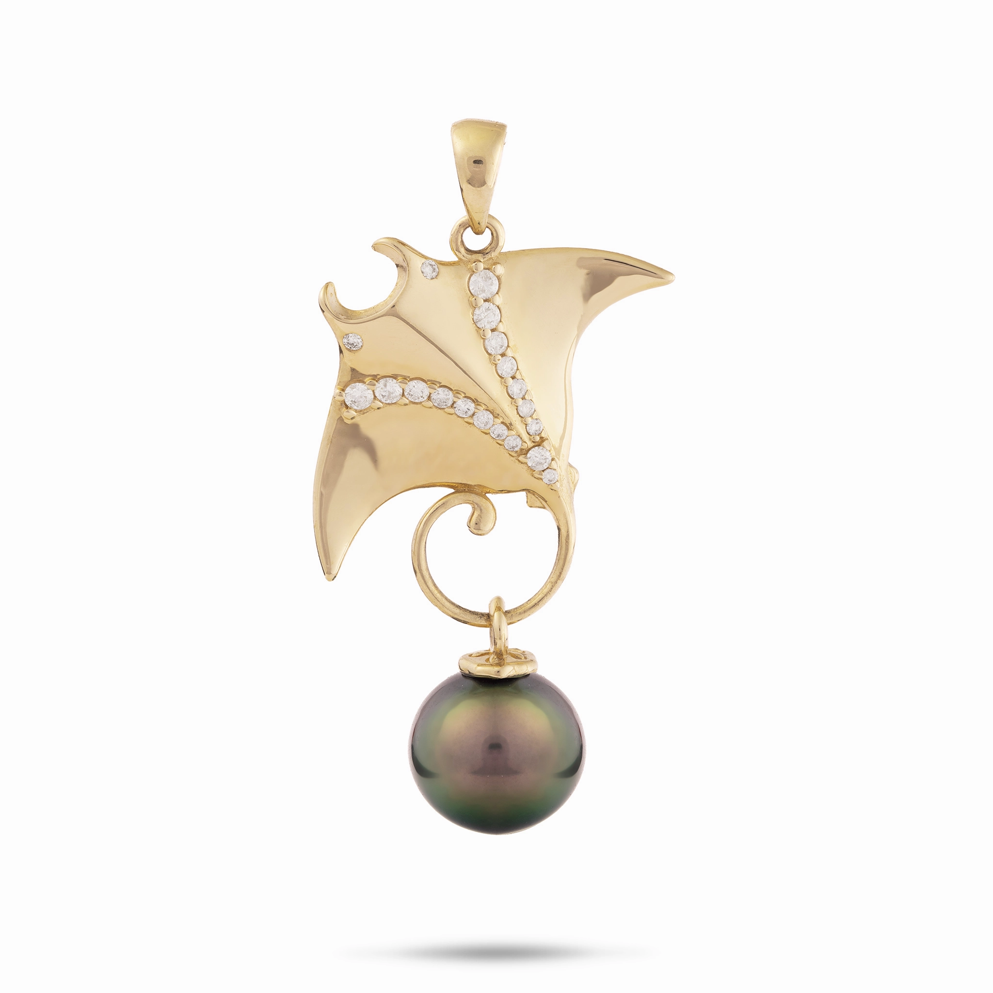 Soft Focus Ocean Dance Manta Ray Tahitian Black Pearl Pendant in Gold with Diamonds - 9-10mm