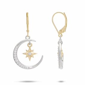 Moon & Star Mermaid Earrings in Two Tone Gold with Diamonds Luxury Ready Gleaming Finish