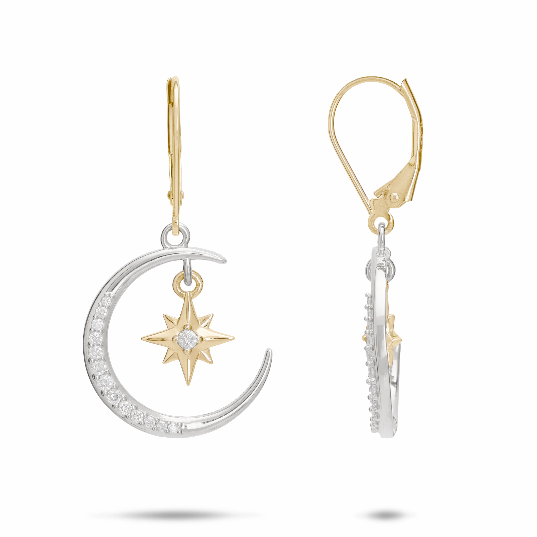 Creative Design Everyday Favorite Moon & Star Mermaid Earrings in Two Tone Gold with Diamonds