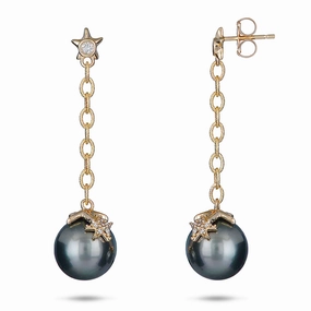 Sophisticated Spark Everyday Edge Reefs Starfish Tahitian Black Pearl Earrings in Gold with Diamonds - 10-11mm