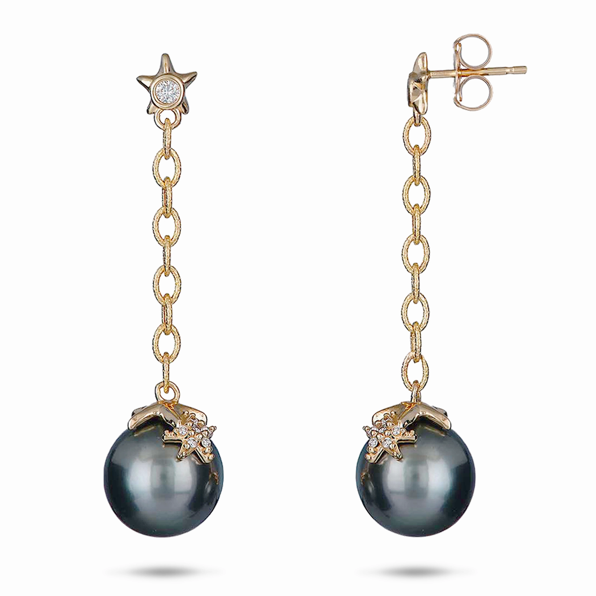 Reefs Starfish Tahitian Black Pearl Earrings in Gold with Diamonds - 10-11mm Modern Craft