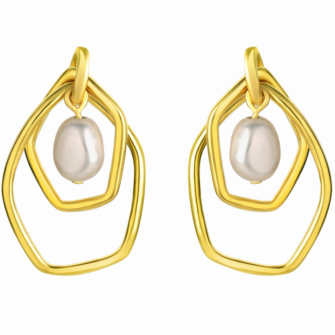 Understated Finish Yellow-Tone Sterling Silver Organic Circlets Freshwater Cultured Pearl Charm Drop Earrings