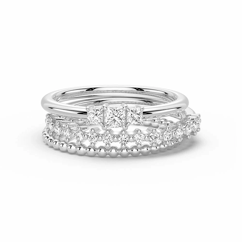 Sleek Accent Celestial Compass And Princess Lab Diamond Stacking Rings with Beaded Accent Band