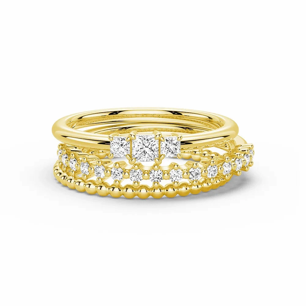 Delicate Charm Celestial Compass And Princess Lab Diamond Stacking Rings with Beaded Accent Band