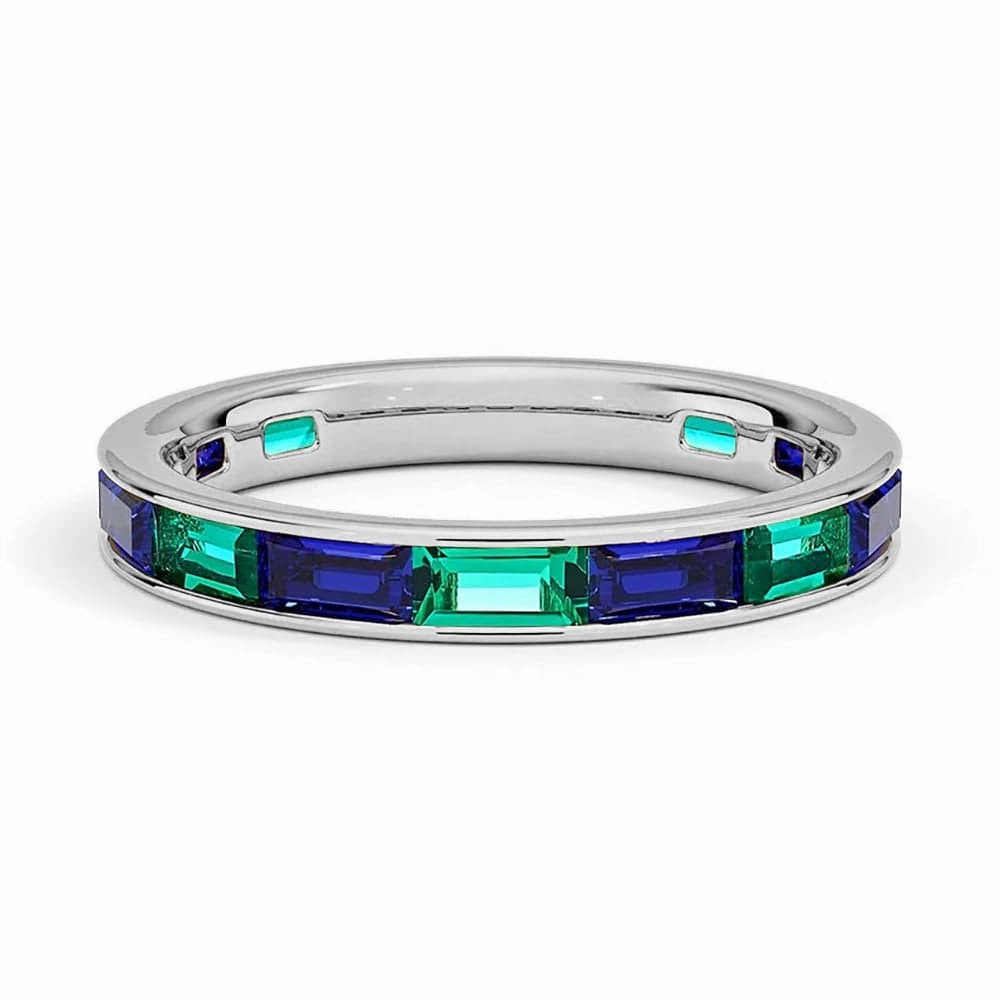 Seasonal Gift Channel Set Baguette Lab Sapphire and Lab Emerald Promise Ring Band